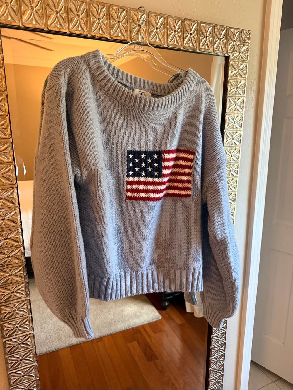 Cozy Light Blue Knit Sweater with American Flag Motif